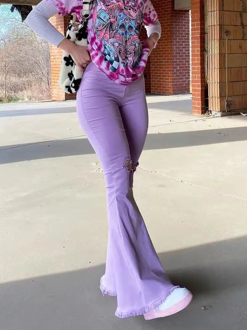 Women's Purple High Rise Flare Jeans with Ripped Knees