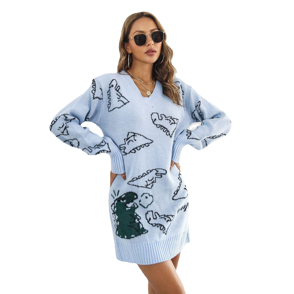 Cute Dinosaur Cartoon V-neck Sweater Dress for Women