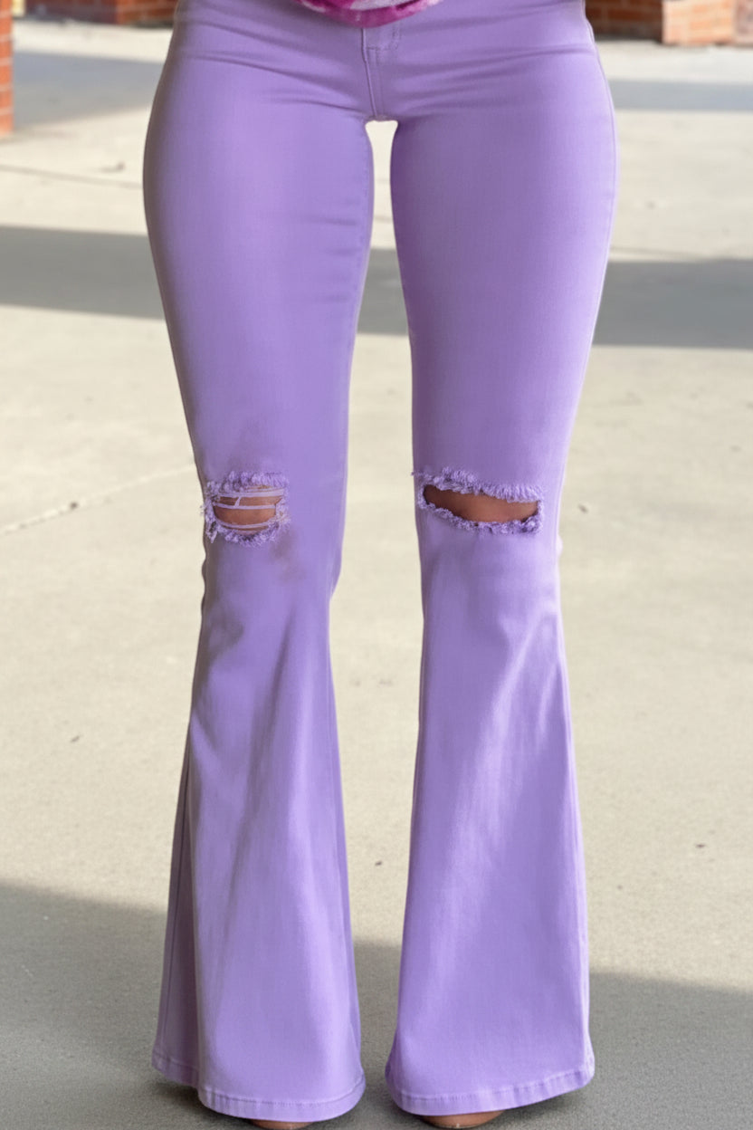 Women's Purple High Rise Flare Jeans with Ripped Knees