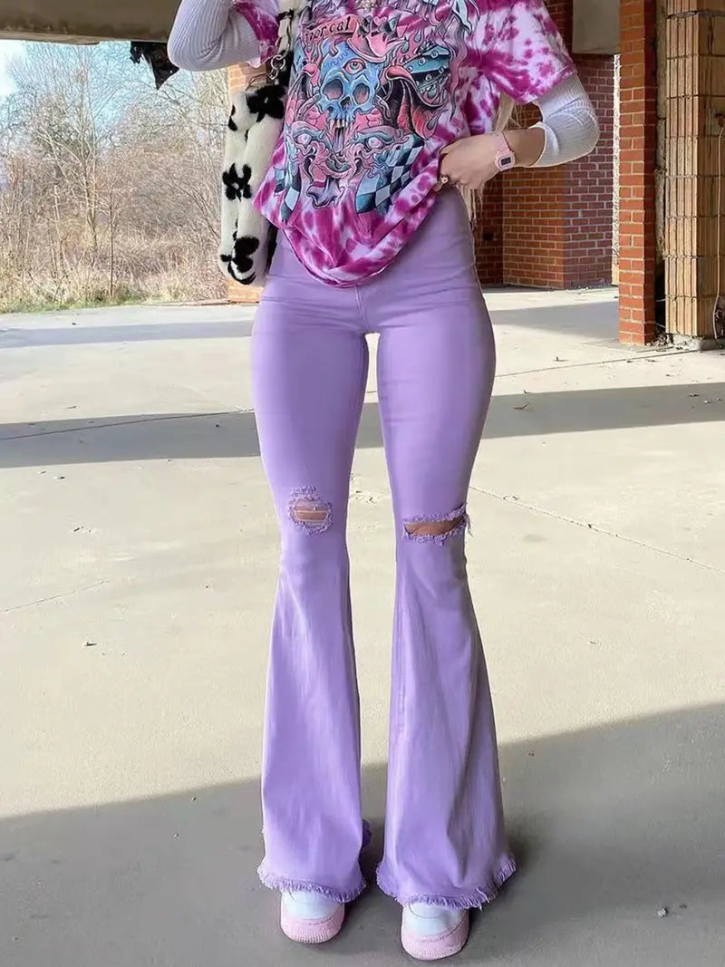 Women's Purple High Rise Flare Jeans with Ripped Knees