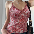 Mesh Plant Print Low-Cut Lace Tank Top for Women