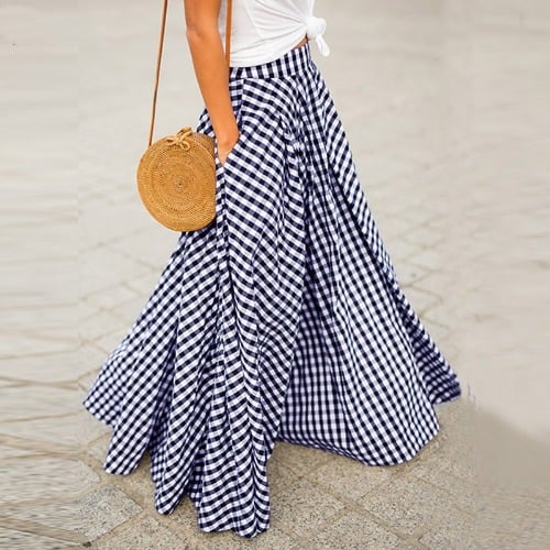 Plaid High Waist Draped Large Skirt