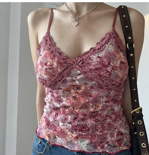 Mesh Plant Print Low-Cut Lace Tank Top for Women