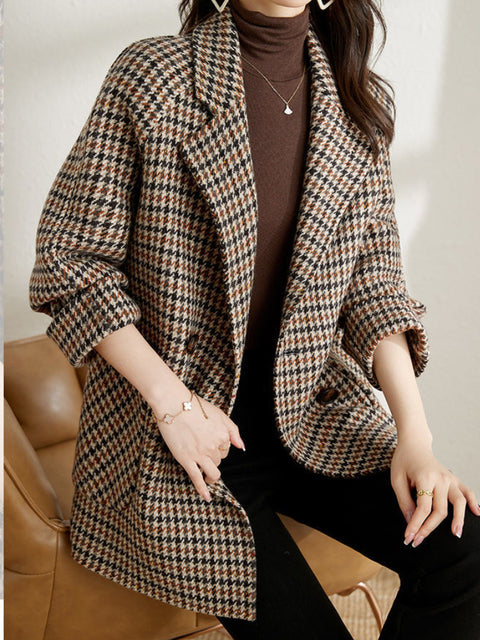 Retro Ladies Double-Breasted Wool Plaid Blazer