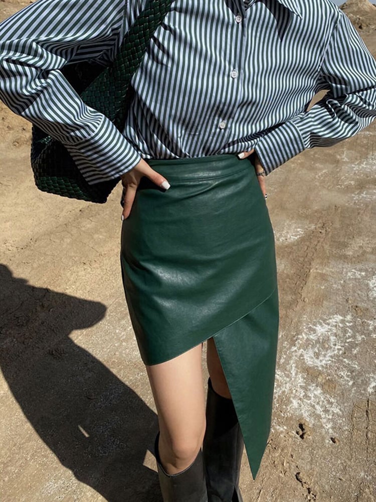 Irregular Mid-Length High Waist Leather Skirt