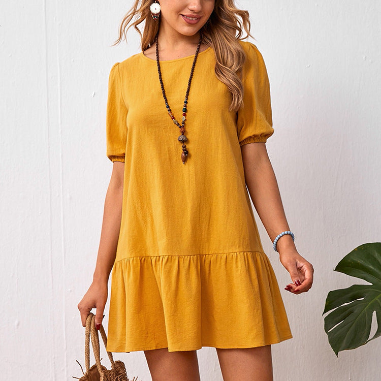 Ladies Short Sleeve Cotton Linen Dress