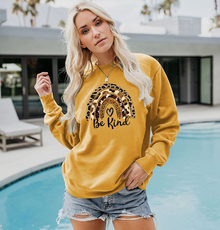 Ladies Casual Sweatshirt with Leopard Print and Rainbow