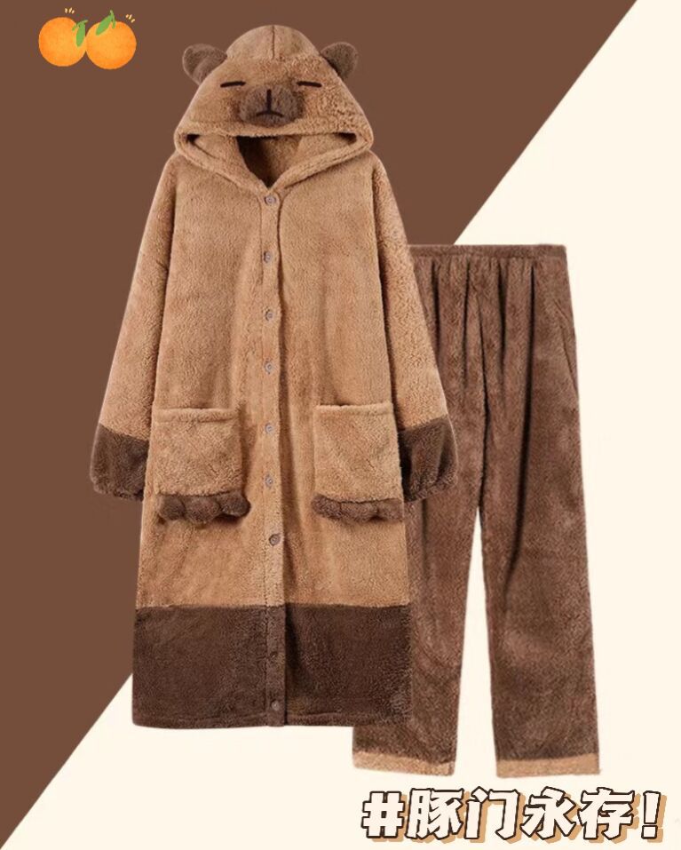 Thick Coral Fleece Capybara Pajama Set for Fall/Winter