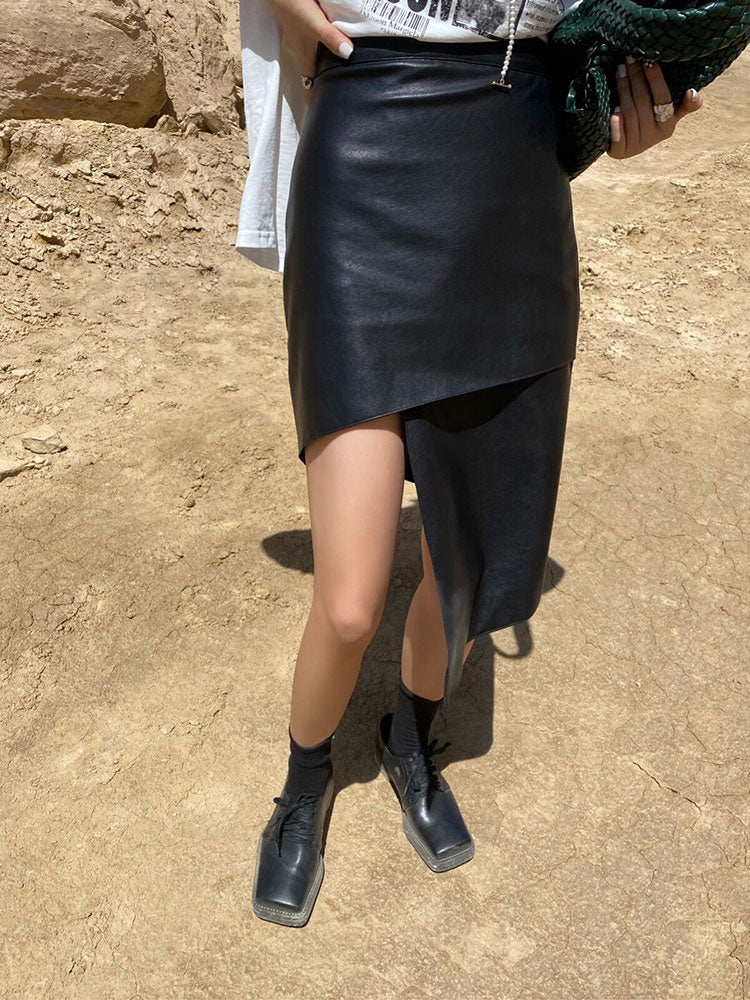 Irregular Mid-Length High Waist Leather Skirt
