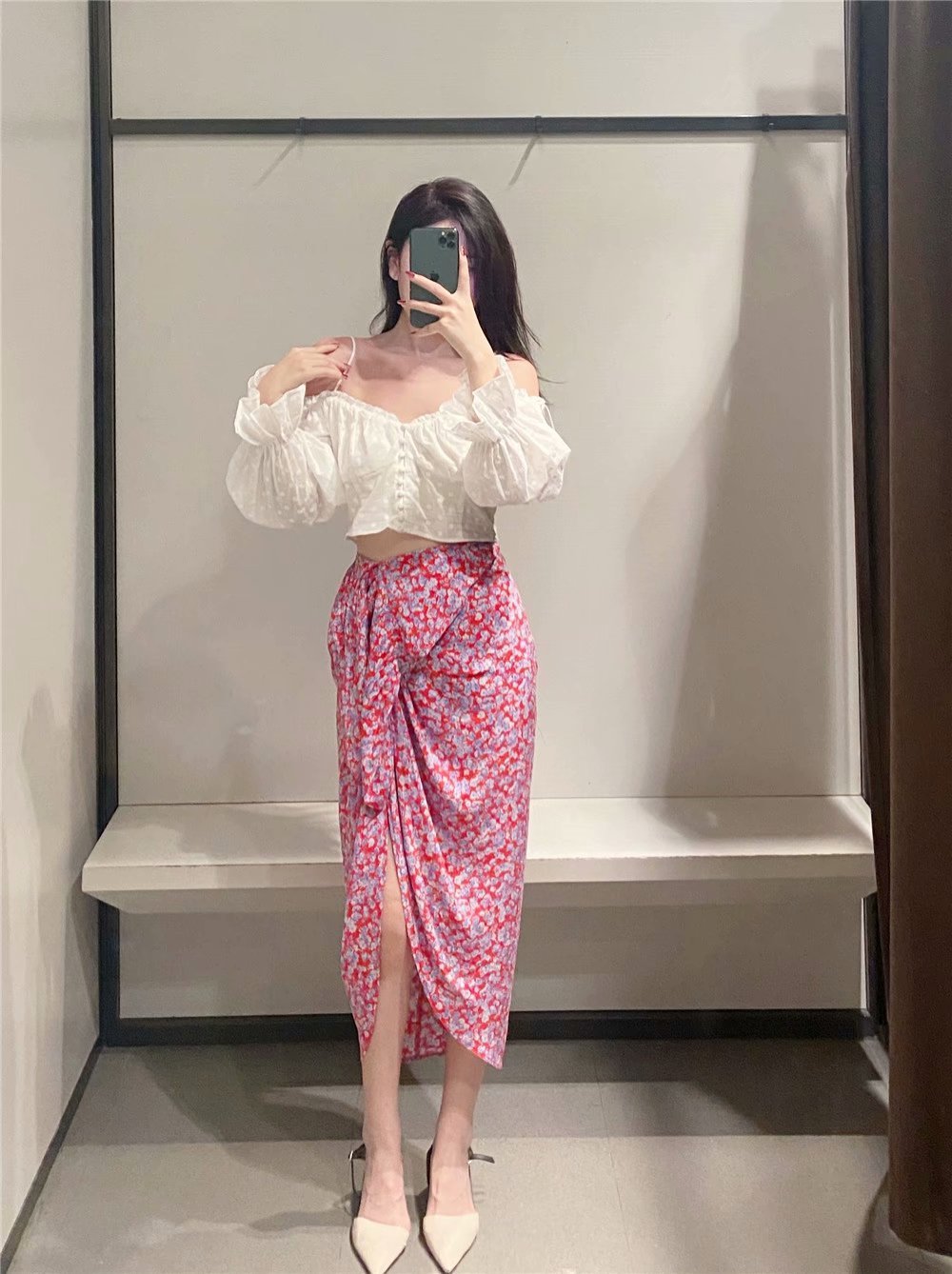 Women's High Waist Slit Flower Print Skirt