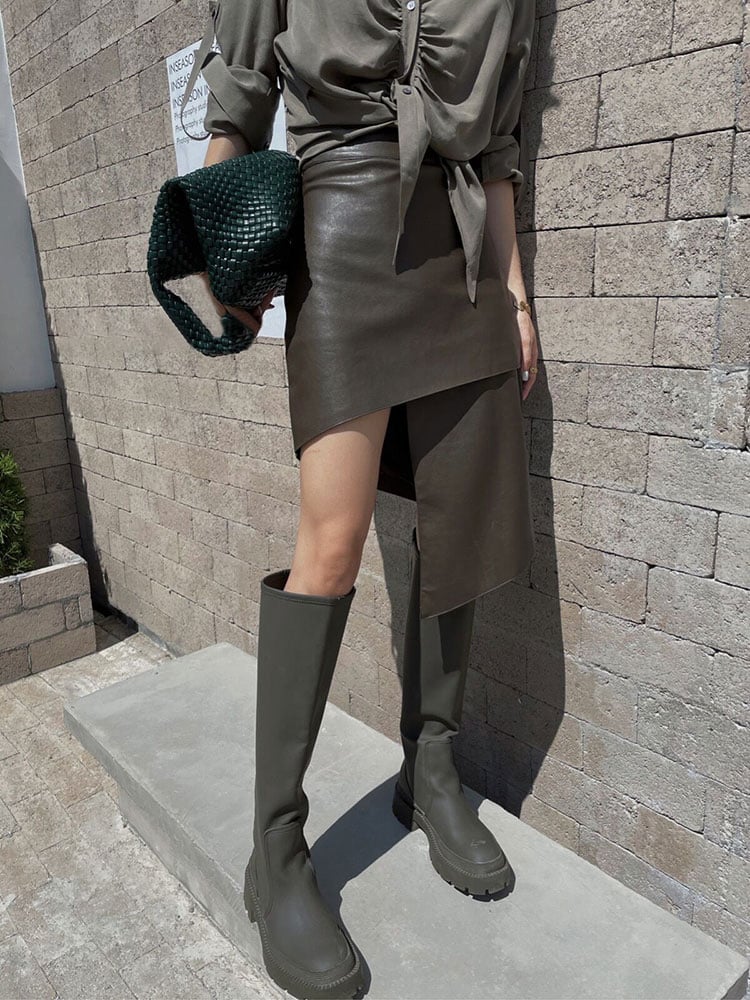 Irregular Mid-Length High Waist Leather Skirt