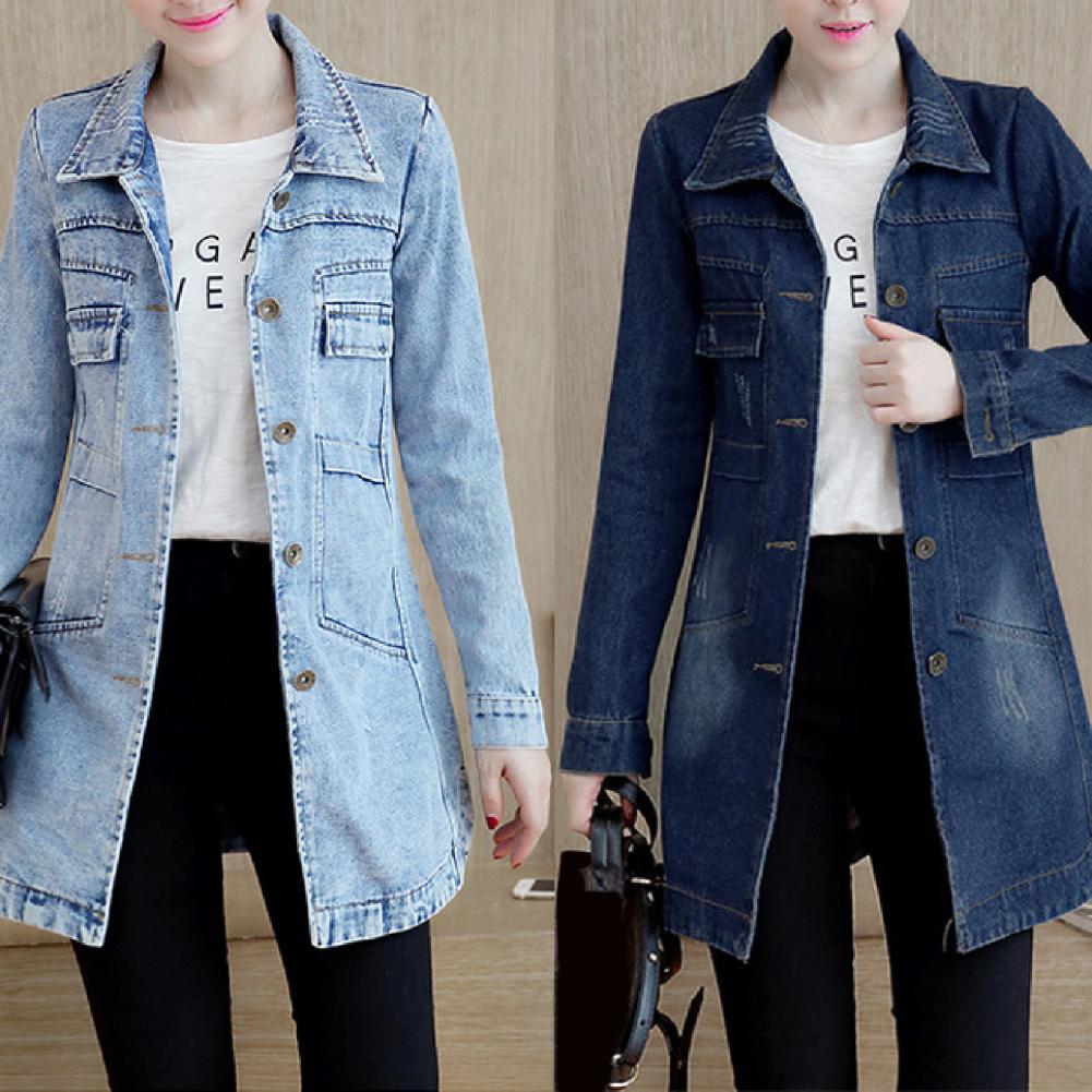 Ladies Long Sleeve Denim Jacket - Mid Length Trench Coat