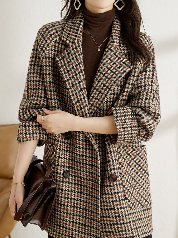 Retro Ladies Double-Breasted Wool Plaid Blazer