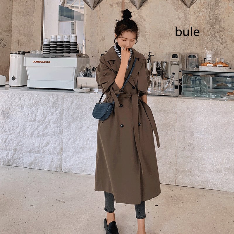 Double-Breasted Long Trench Coat with Waist Tie