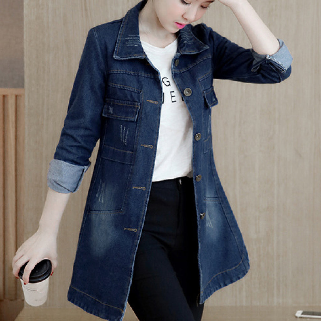 Ladies Long Sleeve Denim Jacket - Mid Length Trench Coat