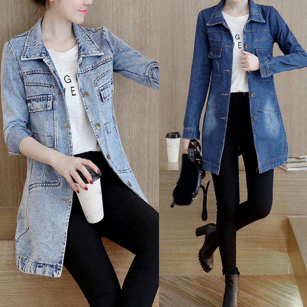 Ladies Long Sleeve Denim Jacket - Mid Length Trench Coat