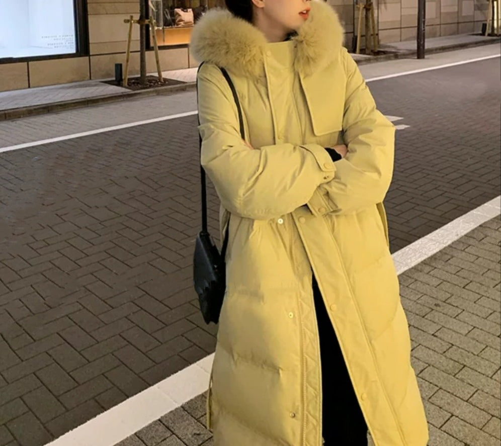 Women's Mid-Length Down Jacket with Large Fur Collar