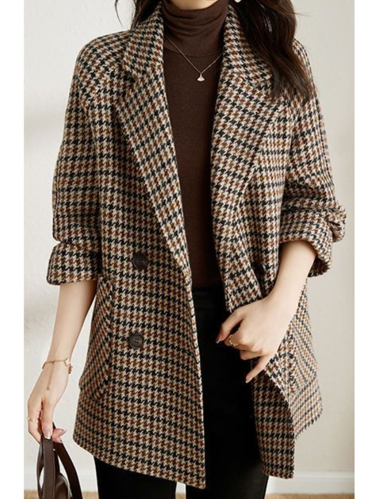 Retro Ladies Double-Breasted Wool Plaid Blazer