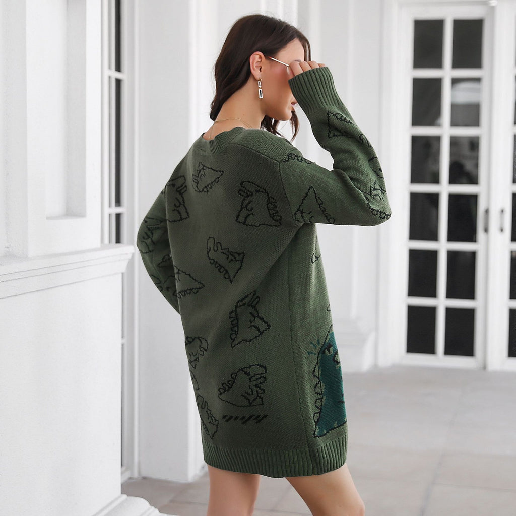 Cute Dinosaur Cartoon V-neck Sweater Dress for Women