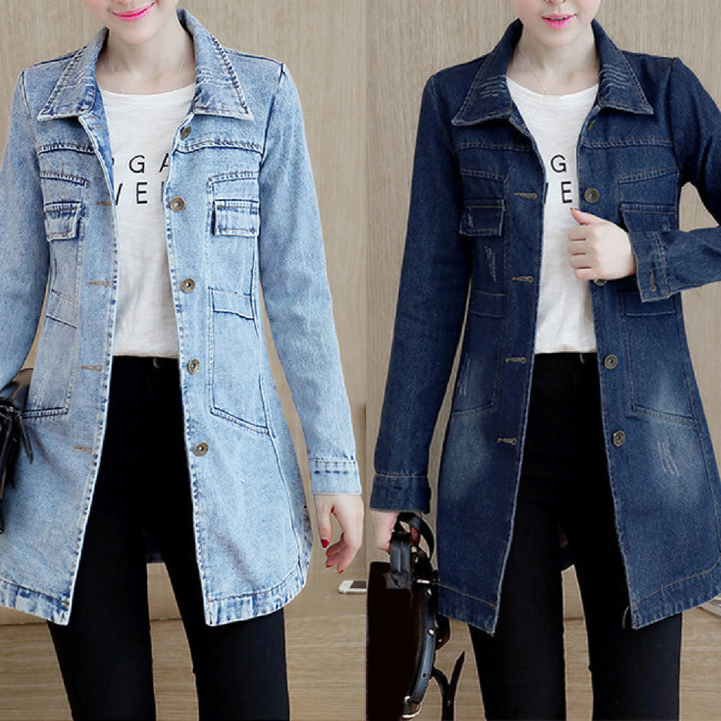 Ladies Long Sleeve Denim Jacket - Mid Length Trench Coat