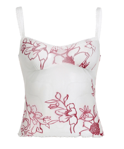 Women's Mesh Plant Print Low-cut Halter Tank Top