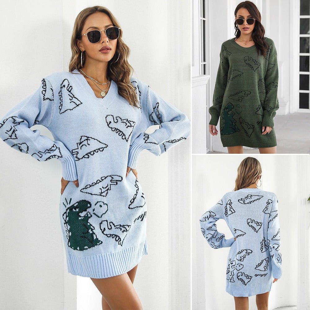 Cute Dinosaur Cartoon V-neck Sweater Dress for Women