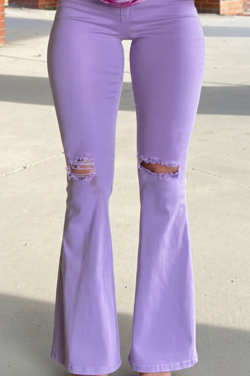 Women's Purple High Rise Flare Jeans with Ripped Knees