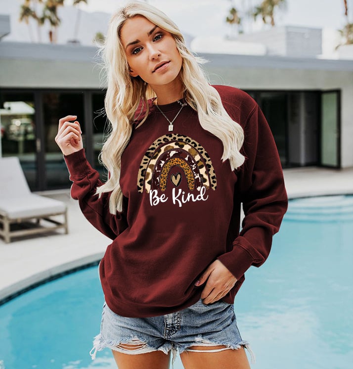 Ladies Casual Sweatshirt with Leopard Print and Rainbow