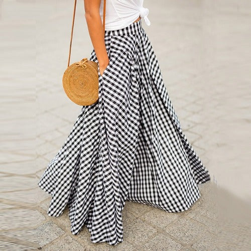Plaid High Waist Draped Large Skirt