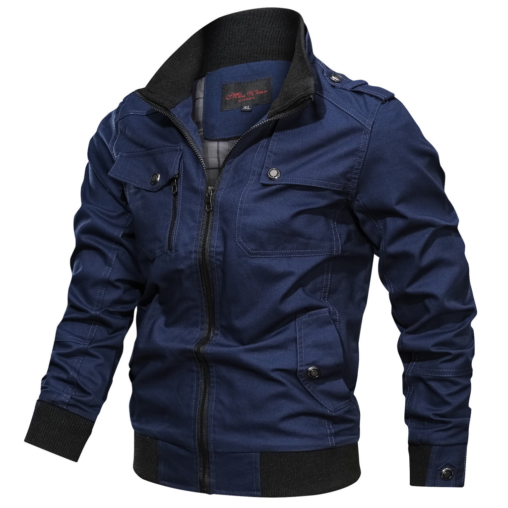 Men's Casual Solid Color Jacket with Pockets (Cotton)