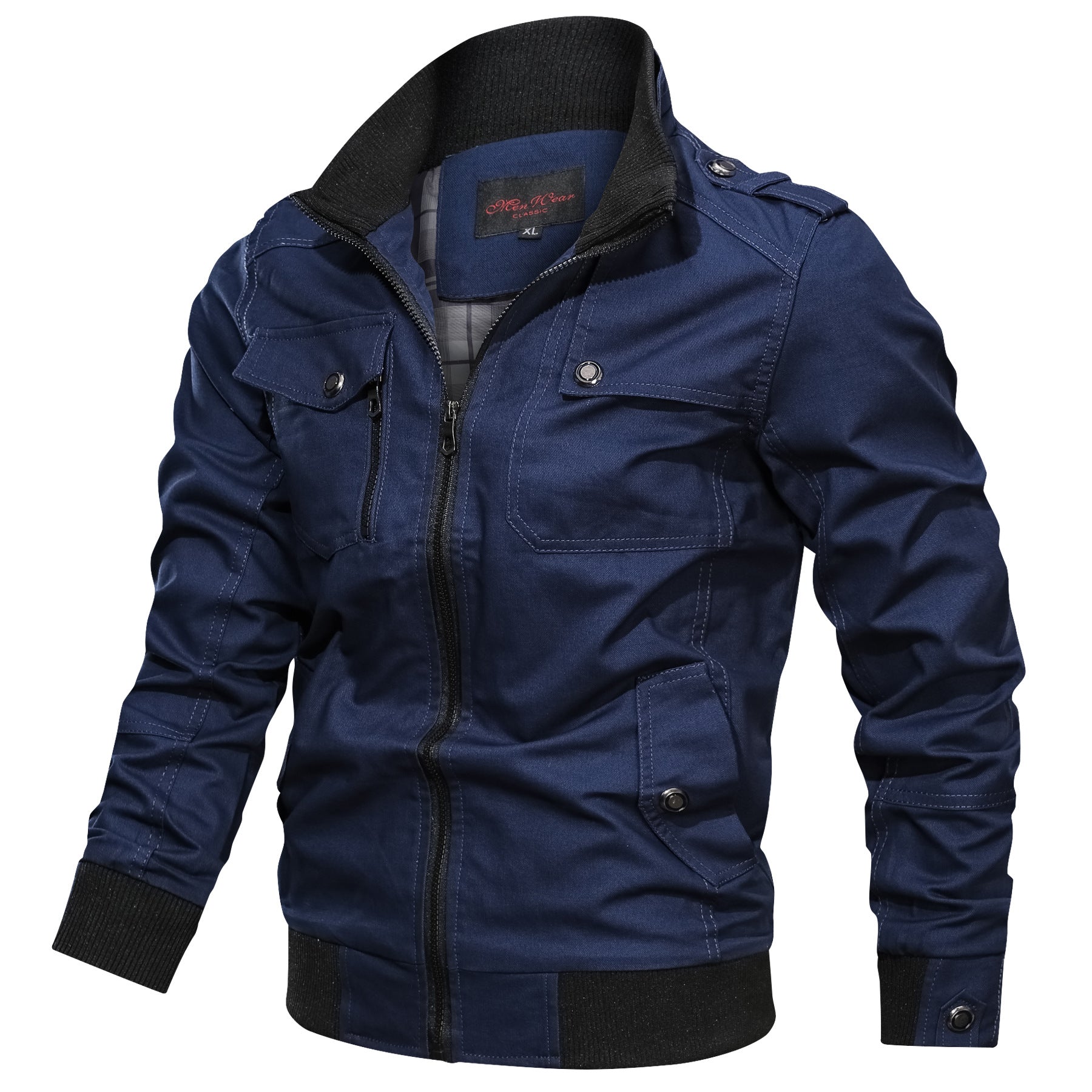 Men's Casual Solid Color Jacket with Pockets (Cotton)