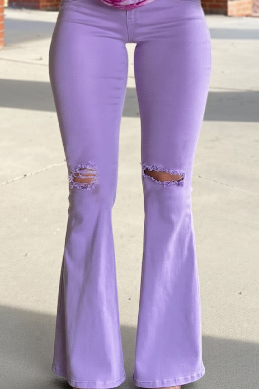 Women's Purple High Rise Flare Jeans with Ripped Knees