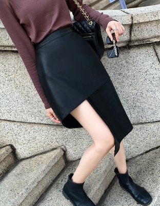Irregular Mid-Length High Waist Leather Skirt