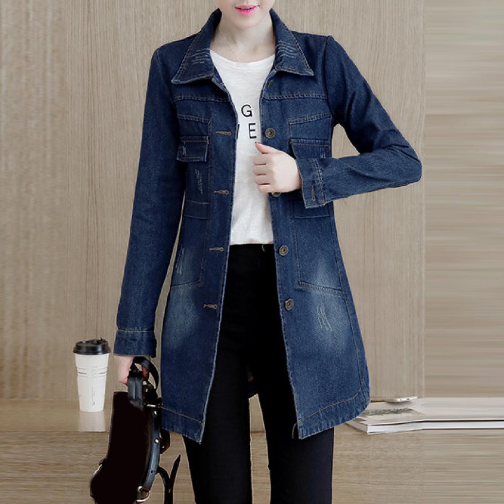 Ladies Long Sleeve Denim Jacket - Mid Length Trench Coat