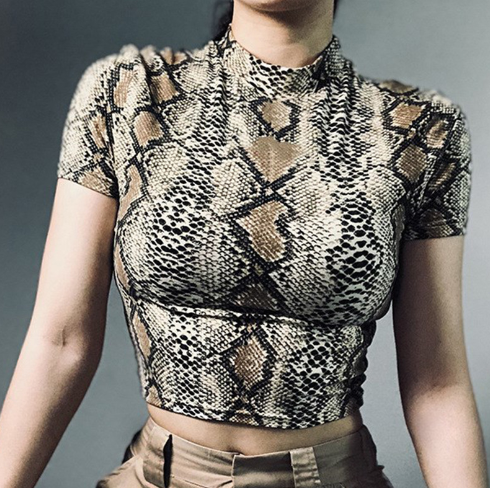 Snake Print Short Sleeve Crop Top for Women