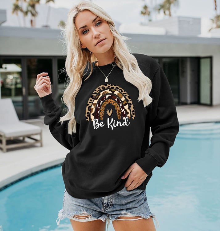 Ladies Casual Sweatshirt with Leopard Print and Rainbow