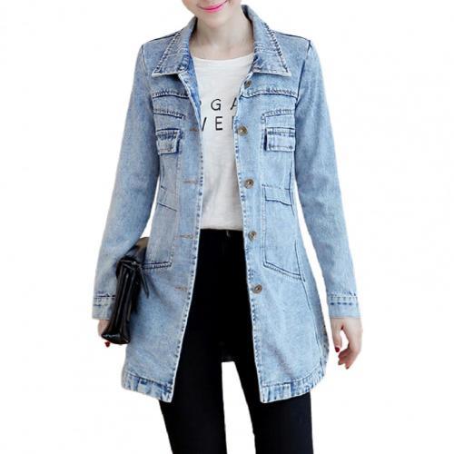 Ladies Long Sleeve Denim Jacket - Mid Length Trench Coat