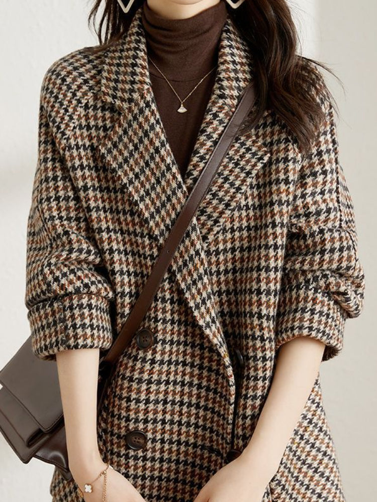 Retro Ladies Double-Breasted Wool Plaid Blazer