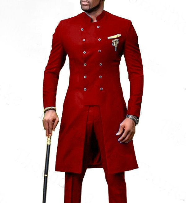 Men's Casual Double-Breasted Long Suit (Two-Piece Set)