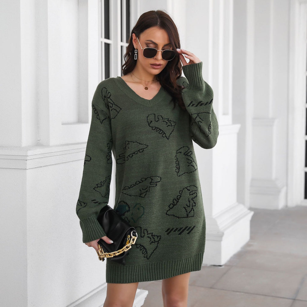 Cute Dinosaur Cartoon V-neck Sweater Dress for Women