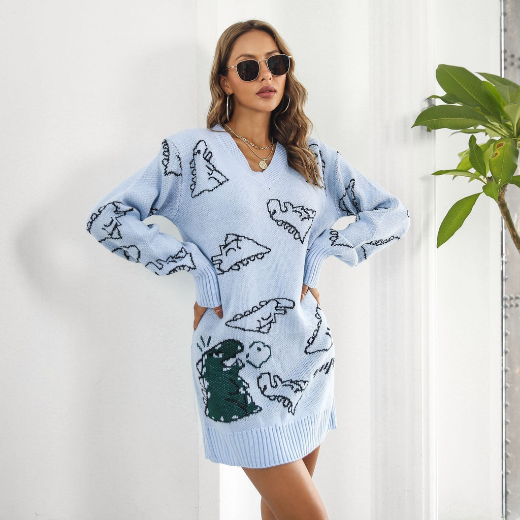 Cute Dinosaur Cartoon V-neck Sweater Dress for Women