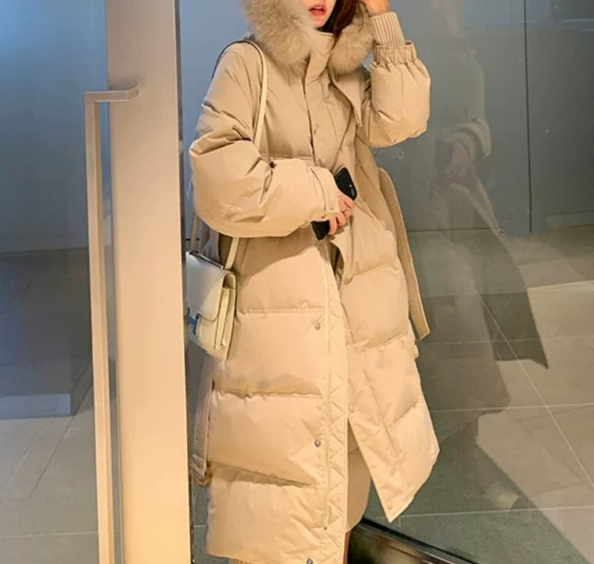 Women's Mid-Length Down Jacket with Large Fur Collar